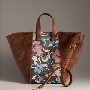 Anthropologie Two Tone Floral Tapestry Brown Faux Fur Satchel Handbag